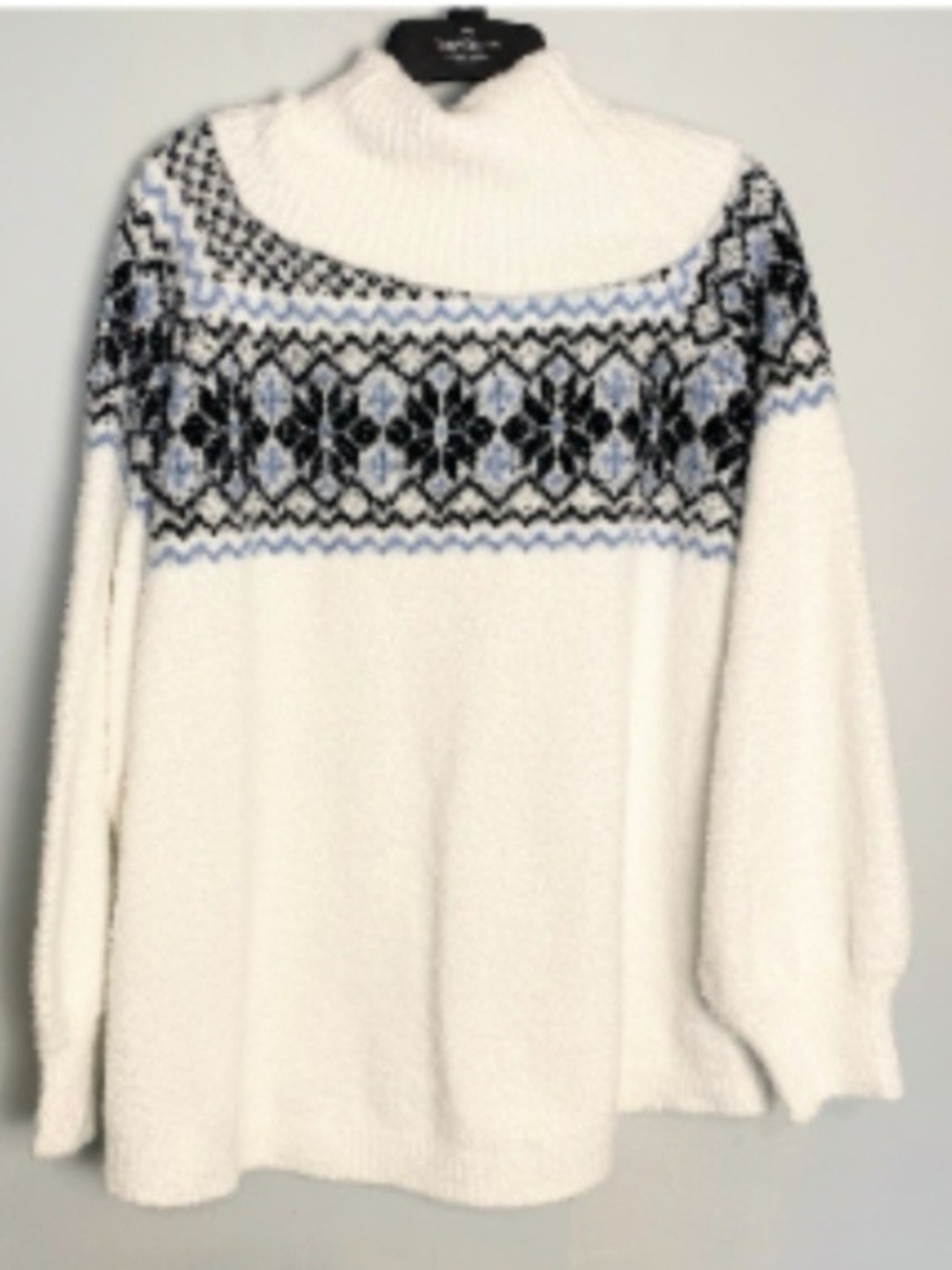 Cozy Cream Turtleneck Sweater with Blue and Black Fair Isle Yoke